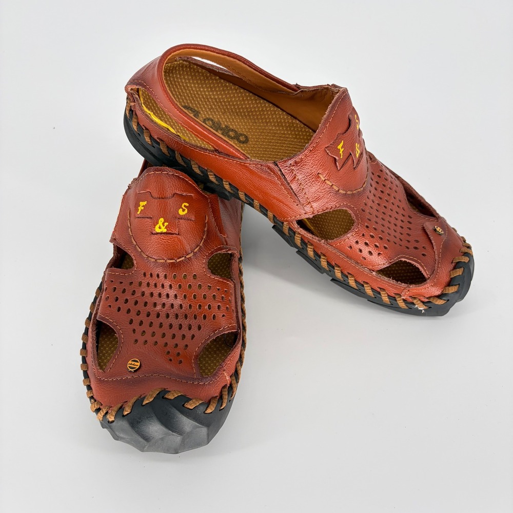 CLOHOO Mens Cognac Leather Fisherman Sandals Outdoor Walking Shoes 9917 Size 40